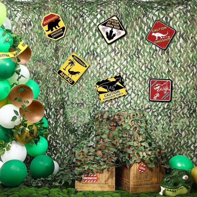 Dinosaur Camo Netting Backdrop with Warning Signs